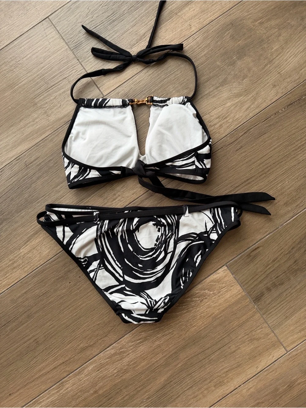 TRINA TURK Black & White Swirl Bamboo Halter Bikini Belt Gold Hardware M